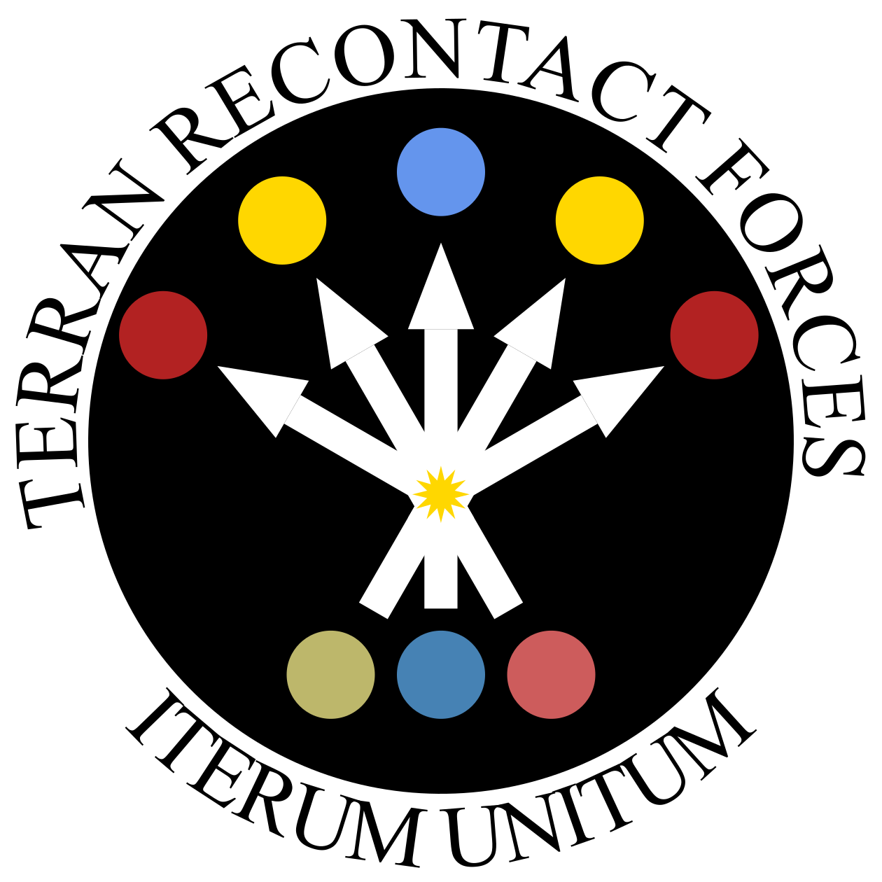 a white circular emblem, with a smaller black circle in the center. text is curved around above and below the black circle to fit to the arc of the circle. the text at the top reads TERRAN RECONTACT FORCES, while the text at the bottom reads ITERUM UNITUM (unite again). the image on the emblem is of 3 planets (darkyellow teal salmon) at bottom, with 3 arrows converging and then diverging into 5 arrows (there is also a 12-pointed yellow star at the convergence of all the arrows). the arrows point to, in pairs from the bottom- 2 red stars, 2 yellow stars, and 1 blue star.